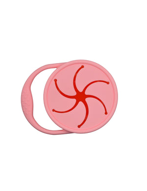 Silicone snack container for babies, showcasing a secure design and vibrant colors from angle 2.