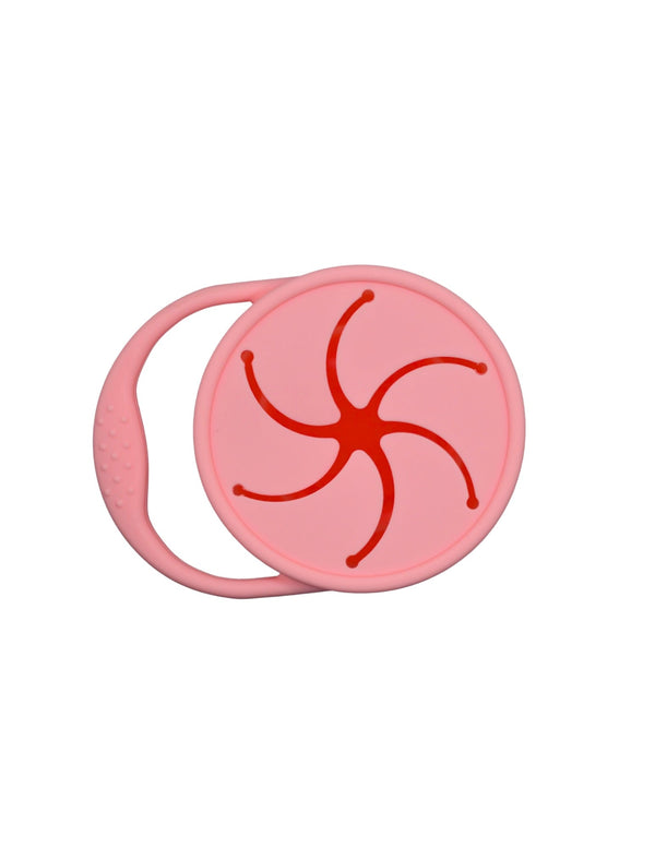 Silicone snack container for babies, showcasing a secure design and vibrant colors from angle 2.