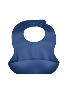 Silicone pocket bib in angle view, perfect for messy eaters, easy to clean and adjustable for growing babies.