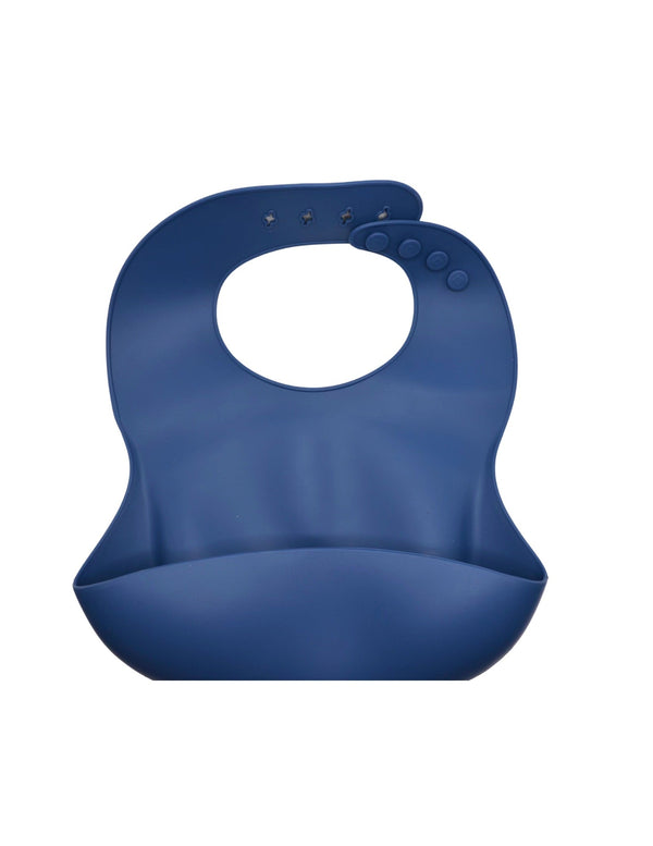 Silicone pocket bib in angle view, perfect for messy eaters, easy to clean and adjustable for growing babies.