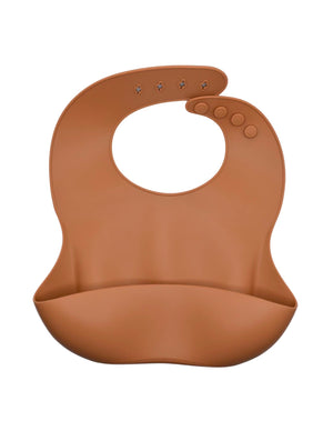 Silicone pocket bib in angle view, perfect for messy mealtimes, easy to clean and durable for babies.