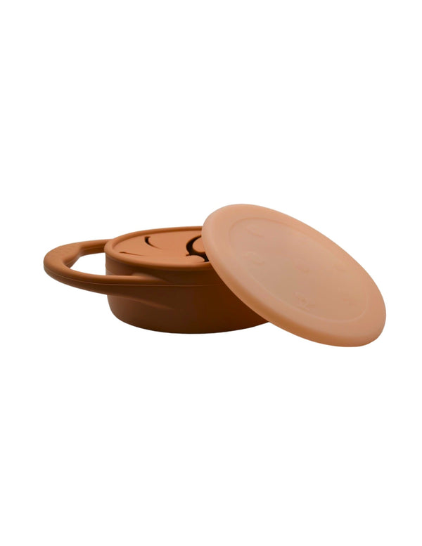 Silicone snack container for babies, angled view showcasing its durable design and vibrant colors. Perfect for on-the-go snacks.