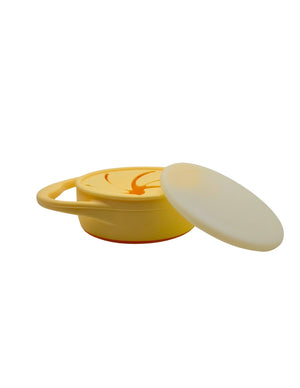 Silicone snack container for babies, angled view showcasing its vibrant colors and easy-to-hold design.