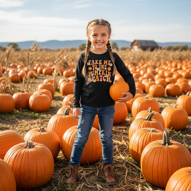"Take Me to the Pumpkin Patch long sleeve top for babies, perfect for fall outings and cozy comfort."
