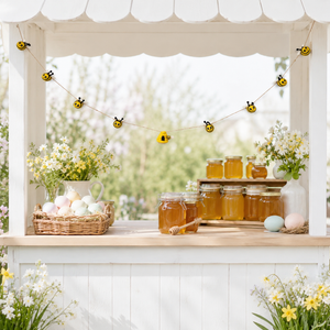 Felt bee garland strung along a white canopy edge, showing bees spaced evenly on twine