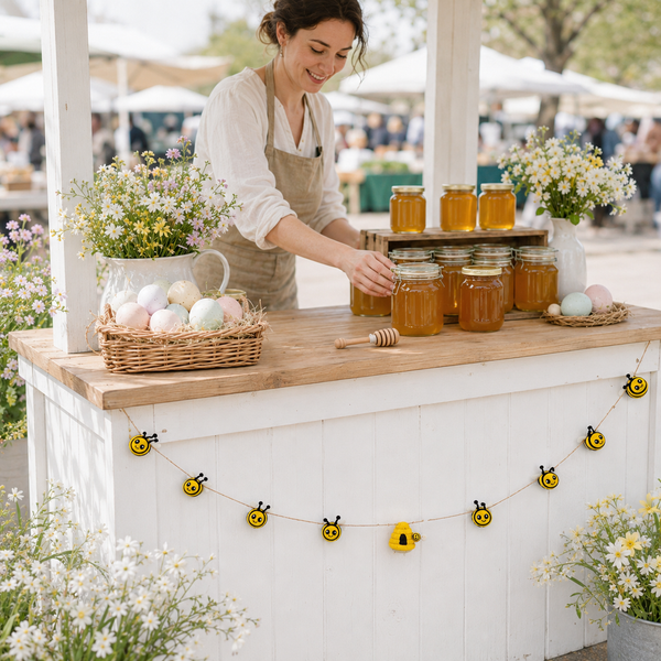 Felt bee garland in yellow wool hanging along a white market stand at a spring outdoor display