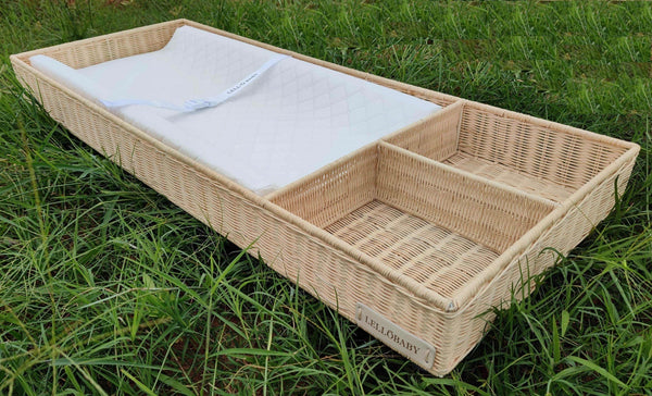 LELLobaby™ X Hampton BABY Rattan Wicker Changing Tray Premier Plus+ at angle 4, stylish and functional for baby care.