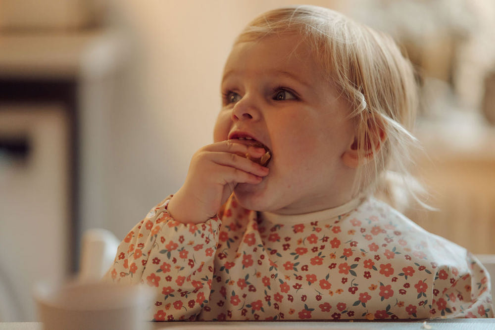 Smock Bib in Sunset Meadow design, perfect for mess-free feeding and playful mealtime adventures.