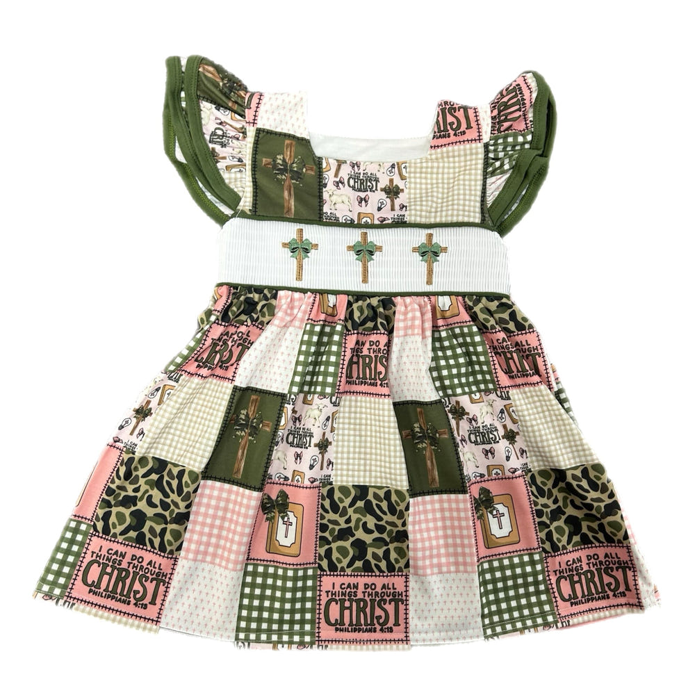 Smocked camo cross dress for babies, stylish and comfortable clothing for little ones.