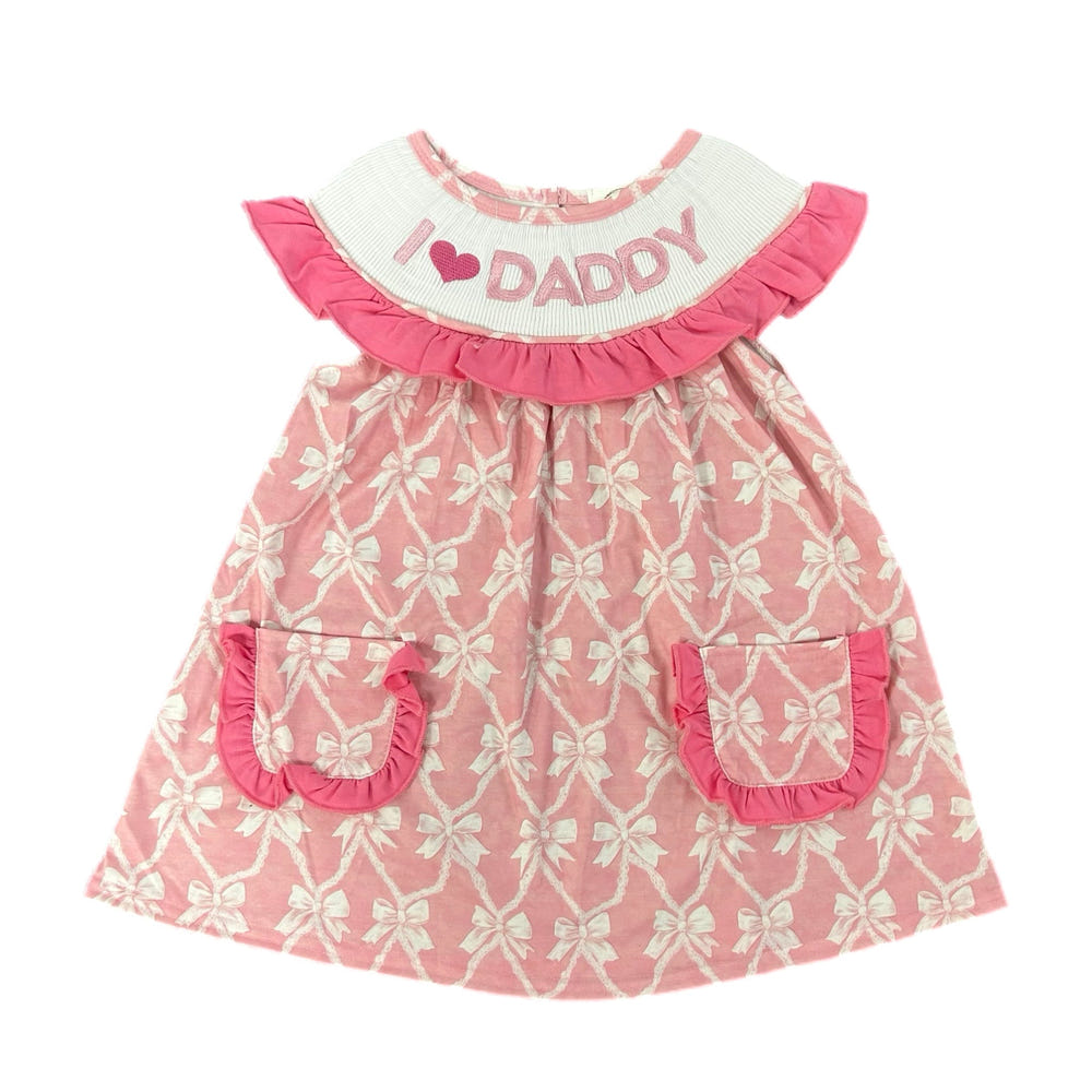 Smocked bows "I Love Daddy" dress for babies, perfect for special occasions and everyday wear.