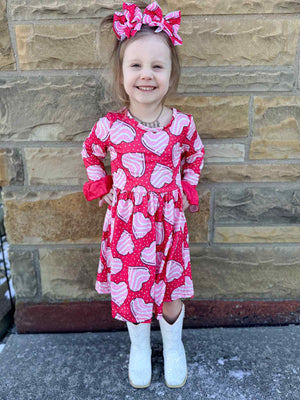 Red cakes bell sleeve dress for babies, showcasing a stylish design from angle 3. Perfect for special occasions.