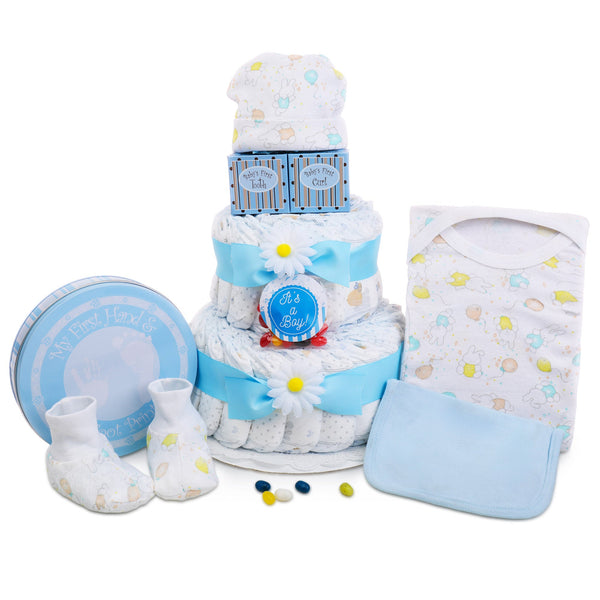 Blue Two-Tier Diaper Cake Gift Basket