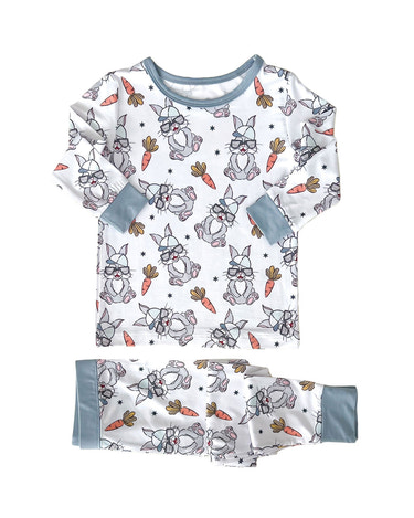 Bamboo two-piece romper set featuring Rad Bunny design for babies. Soft, eco-friendly, and stylish.