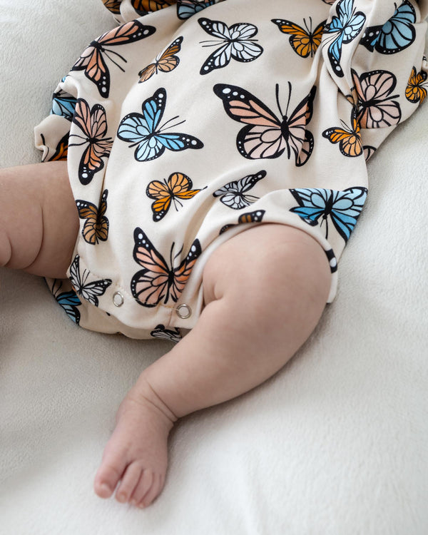 Baby Bubble Romper with Butterfly Print - Cute and Comfortable Outfit for Infants, Angle 9 View.