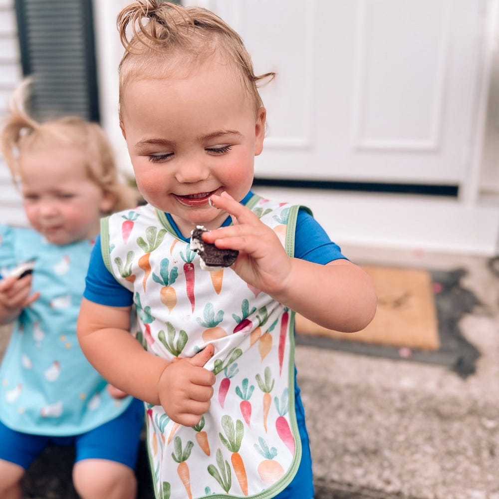"Farm Produce Bapron for babies, featuring colorful farm-themed designs, perfect for mealtime messes."