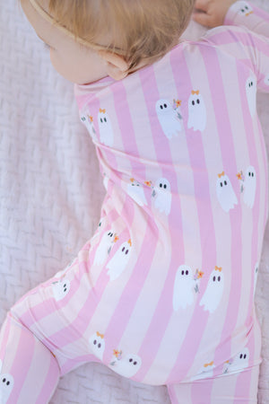 Be My Boo Halloween Bamboo Zippy Pajamas for babies, featuring a cute design, shown from angle 2.
