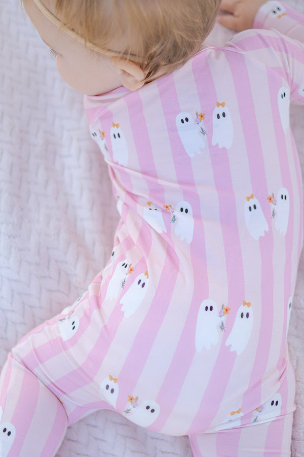 Be My Boo Halloween Bamboo Zippy Pajamas for babies, featuring a cute design, shown from angle 2.