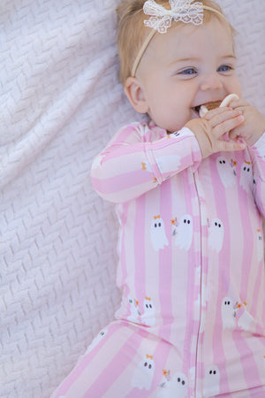 Be My Boo Halloween Bamboo Zippy Pajamas for babies, featuring a cute design, shown from angle 3.