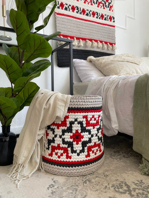 Round Storage Basket in Ukrainian Vyshyvanka Style