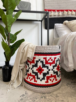 Round Storage Basket in Ukrainian Vyshyvanka Style