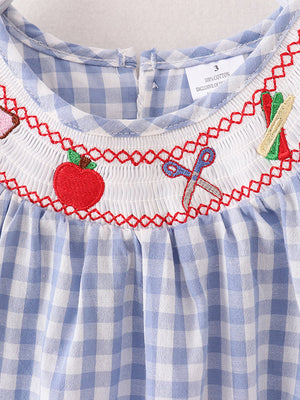 Girls Back to School Smocking Pencil Apple Embroidered Plaid Dress