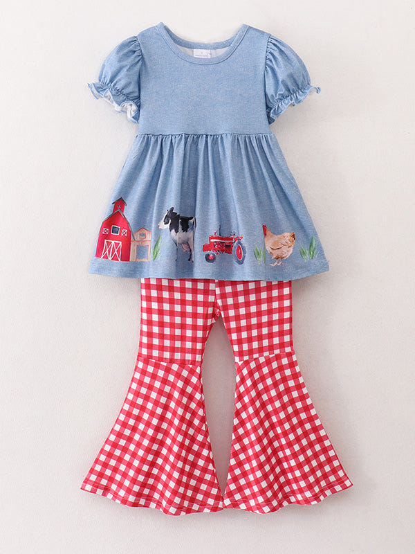 Girls farm animals bell bottoms outfit for toddlers, perfect for playful and stylish farm-themed adventures.