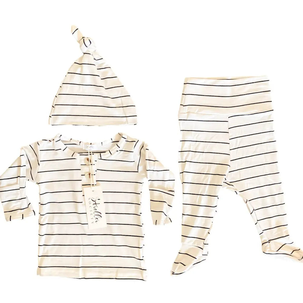 Top and Bottom Outfit and Hat Set (Newborn-12 months sizes) Black Stripes - MOOGCO Baby