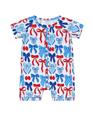 Bamboo Shorty Romper  | Red-White & Bows