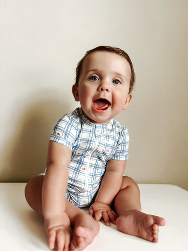 Stars Gingham Bamboo Shorty Romper for babies - stylish and comfortable clothing for little ones.