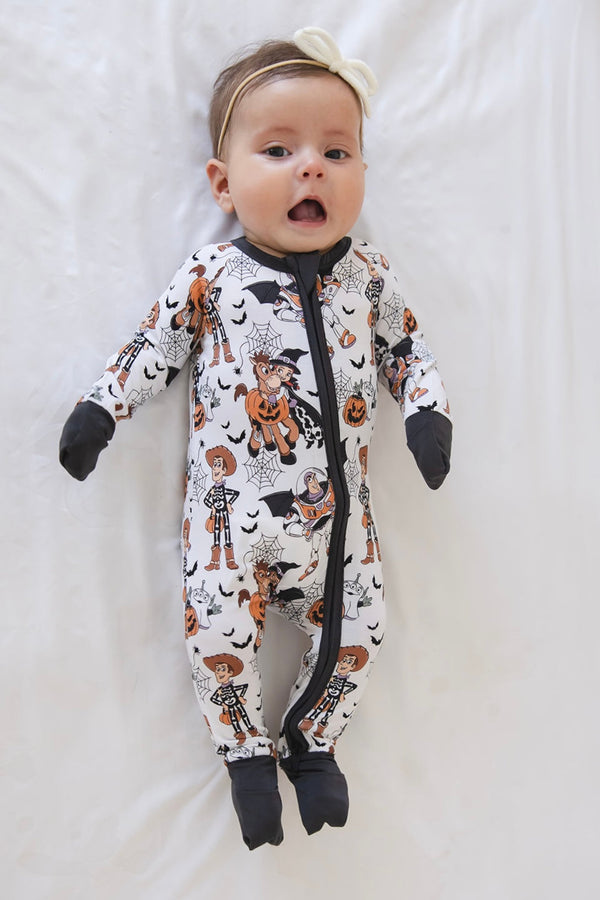 Howdy Boo Zippy zip pajamas for babies, featuring a cozy design and playful patterns, shown from angle 3.