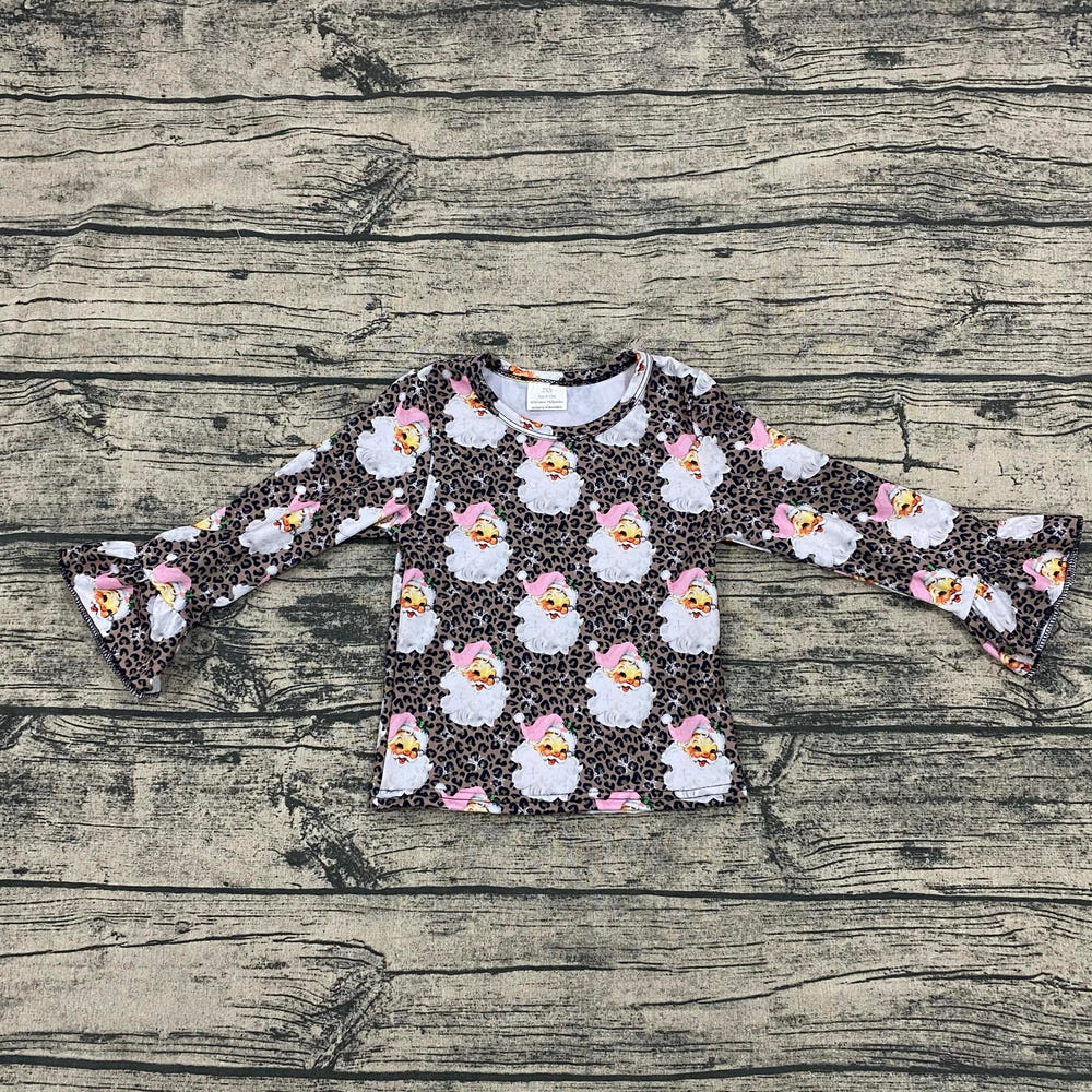 Leopard Santa bell sleeve top for babies, festive and stylish, perfect for holiday celebrations.