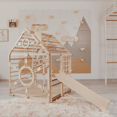 Wood and Hearts Wooden Toddler Climbing Playhouse for ages 1-6, perfect for outdoor play and exploration.