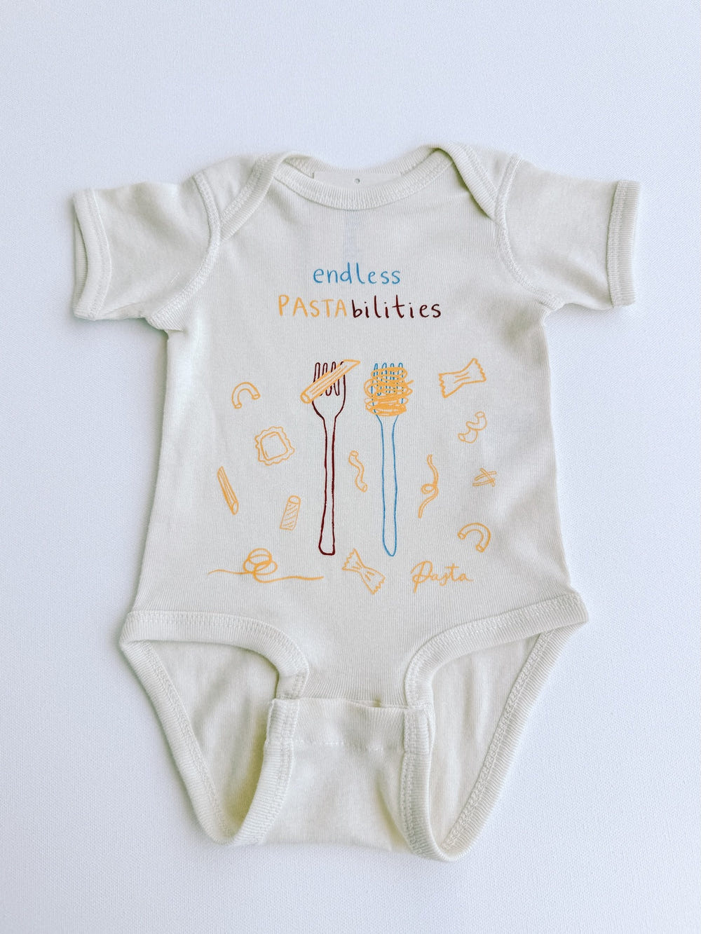 Endless Pastabilities short sleeve onesie for babies, featuring a playful pasta-themed design.