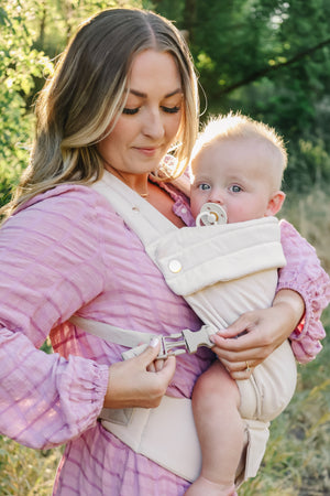 Coco Cream Cotton Linen Baby Carrier for infants 7-35 lbs, stylish and comfortable for parents and babies.