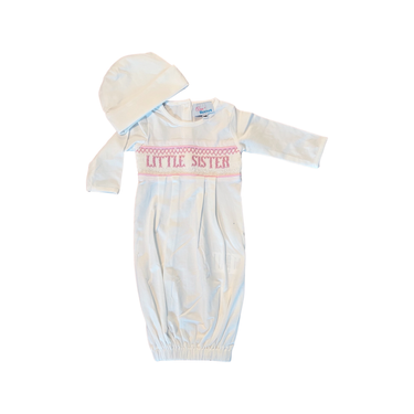 Little Sister gown and cap set for babies, perfect for stylish and cozy outfits.