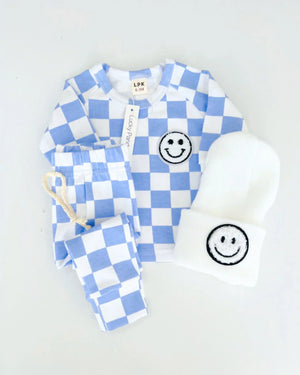 Checkered Smiley Lounge Set | Blue - MOOGCO Baby