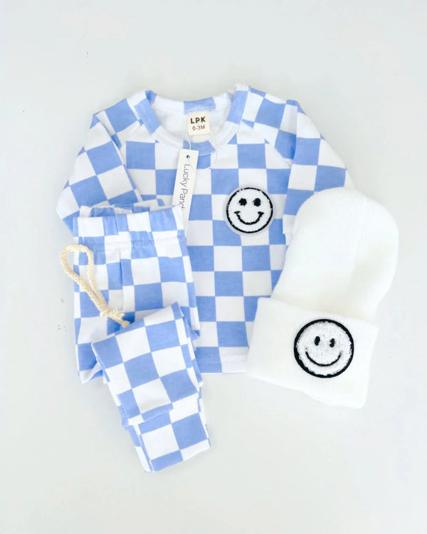 Checkered Smiley Lounge Set | Blue - MOOGCO Baby