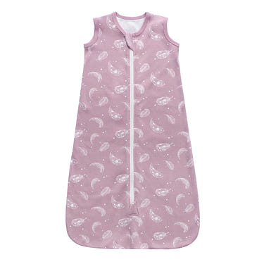 100% Organic Cotton 0.5tog Sleep Sack in Feather Mauve for babies, ensuring comfort and safety during sleep.