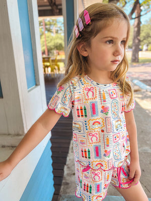 Back to School Print Girl Short Set Scallop Hem