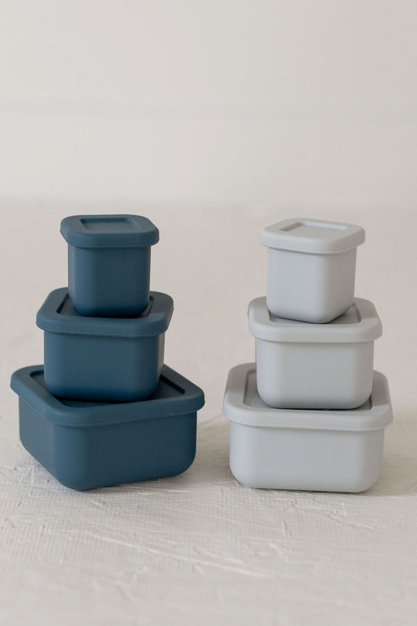 Silicone Bento box set of 3 for baby food storage and on-the-go meals, shown from angle 2.