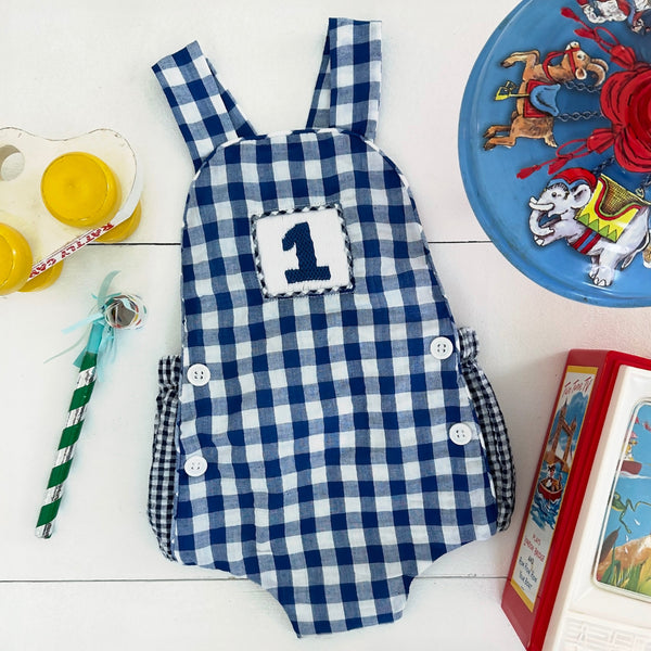 Navy Blue Smocked First Birthday Sunsuit