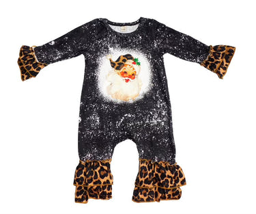 Bleached vintage leopard Santa romper for babies, perfect for festive occasions and stylish holiday photos.