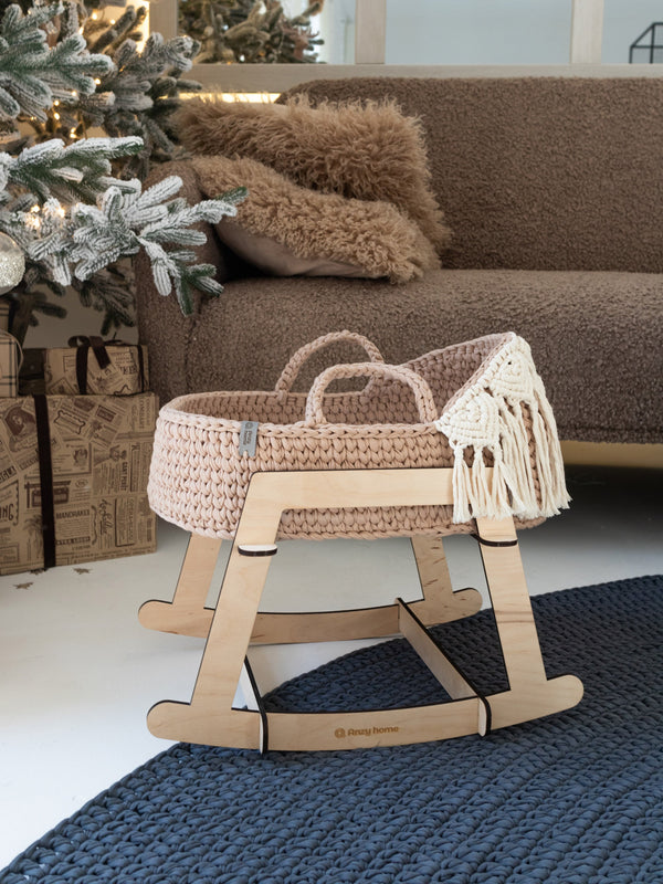 Doll Moses Basket Macrame Hood w/Rocking Stand