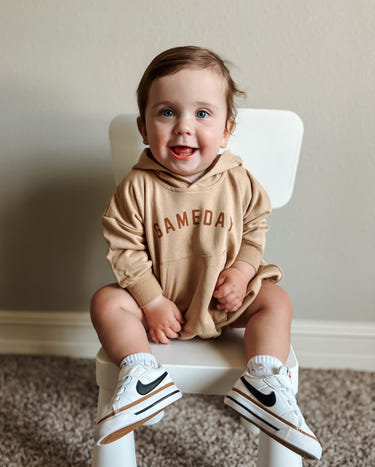 Gameday Hooded Sweatshirt Romper for babies, perfect for cozy and stylish outings.