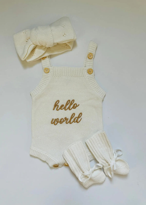 Newborn Knit Romper Set – Hello World, LITTLE SISTER and LITTLE BROTHER Embroidered Baby Outfit with Hat & Booties or Headband | Soft Coming Home Outfit