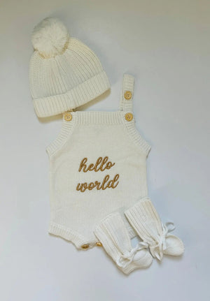 Newborn Knit Romper Set – Hello World, LITTLE SISTER and LITTLE BROTHER Embroidered Baby Outfit with Hat & Booties or Headband | Soft Coming Home Outfit
