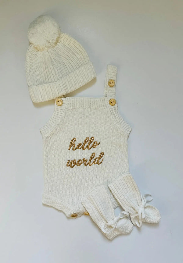 Newborn Knit Romper Set – Hello World, LITTLE SISTER and LITTLE BROTHER Embroidered Baby Outfit with Hat & Booties or Headband | Soft Coming Home Outfit