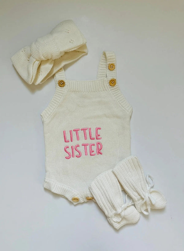 Newborn Knit Romper Set – Hello World, LITTLE SISTER and LITTLE BROTHER Embroidered Baby Outfit with Hat & Booties or Headband | Soft Coming Home Outfit