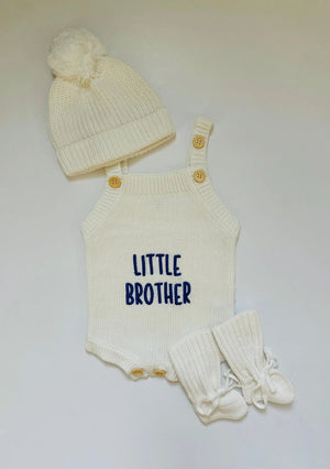 Newborn Knit Romper Set – Hello World, LITTLE SISTER and LITTLE BROTHER Embroidered Baby Outfit with Hat & Booties or Headband | Soft Coming Home Outfit