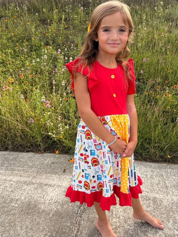 Girls Back To School Pencil Twirl Dress Ruffle Patchwork